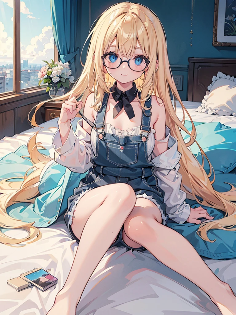 1 Female、Blonde hair、Blue Eyes、Best Quality、Super detailed、8 Resolution、Raw photo、Mastepiece、Perfect Body、high resolution、highest quality、Detailed drawing、Vibrant colors、lure、smile、Long Hair、Black-rimmed glasses、Captivating breasts、Lie down on the bed、camisole、Demin Overalls Shorts, barefoot