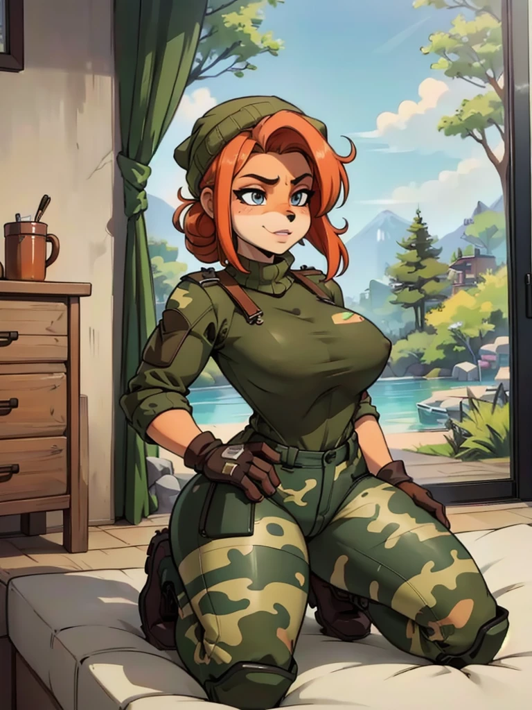 (best quality,4k,8k,highres,masterpiece:1.2),ultra-detailed,realistic:1.37,portrait,anthro bandicoot girl redhead, braided hair, beautiful  eyes, sexy ,seductive, warm sweater, camouflage gloves,camouflage beanie-balaclava ,camouflage pants, army boots, cozy lighting, vibrant colors , girl anthro , sweater, gloves,camouflage beanie, camouflage pants, army boots, futanari, nsfw