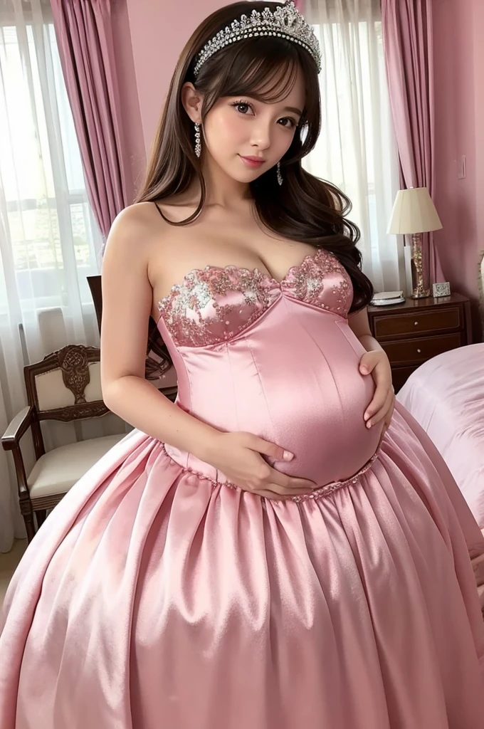Beautiful woman in shiny dress、Pink Bedroom、Pregnant women、Big  Satin Tiara