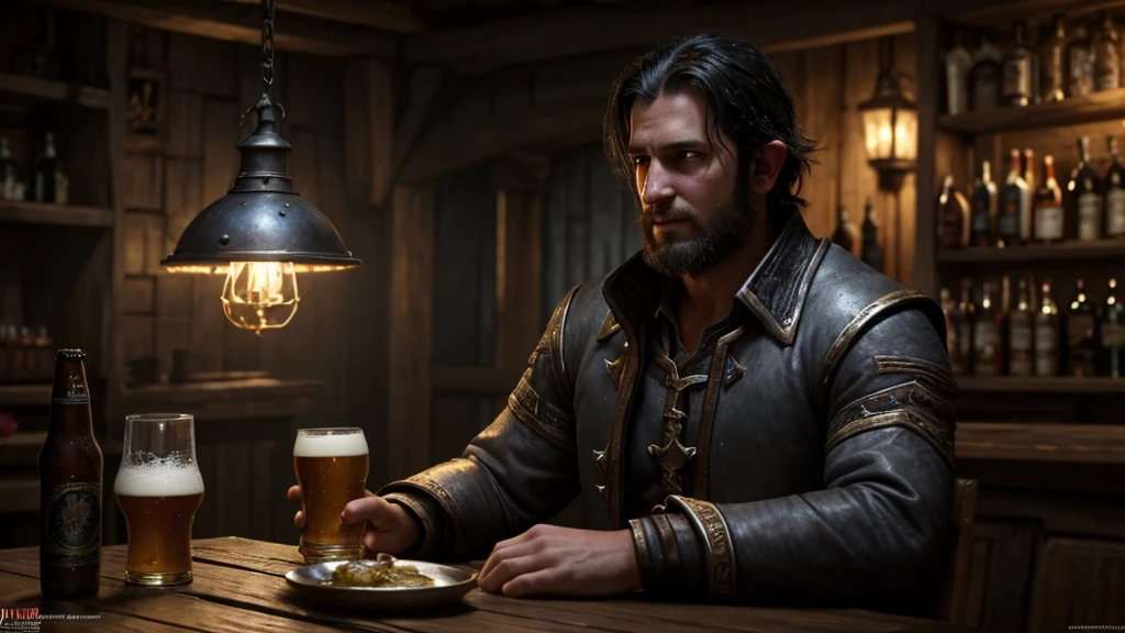 a poor 25 year old peasant from world of warcraft, sitting in a tavern drinking beer, wearing a gray coat with a white collar, with a dirty unkempt face and messy black hair, detailed face and expression, dramatic lighting, cinematic, highly detailed, award winning digital art, artstation, greg rutkowski, conceptart