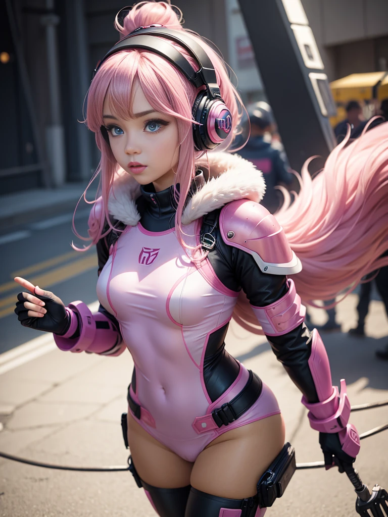 girl, with futuristic pink armor, pink headphones, long pink fur, blue eyes.
