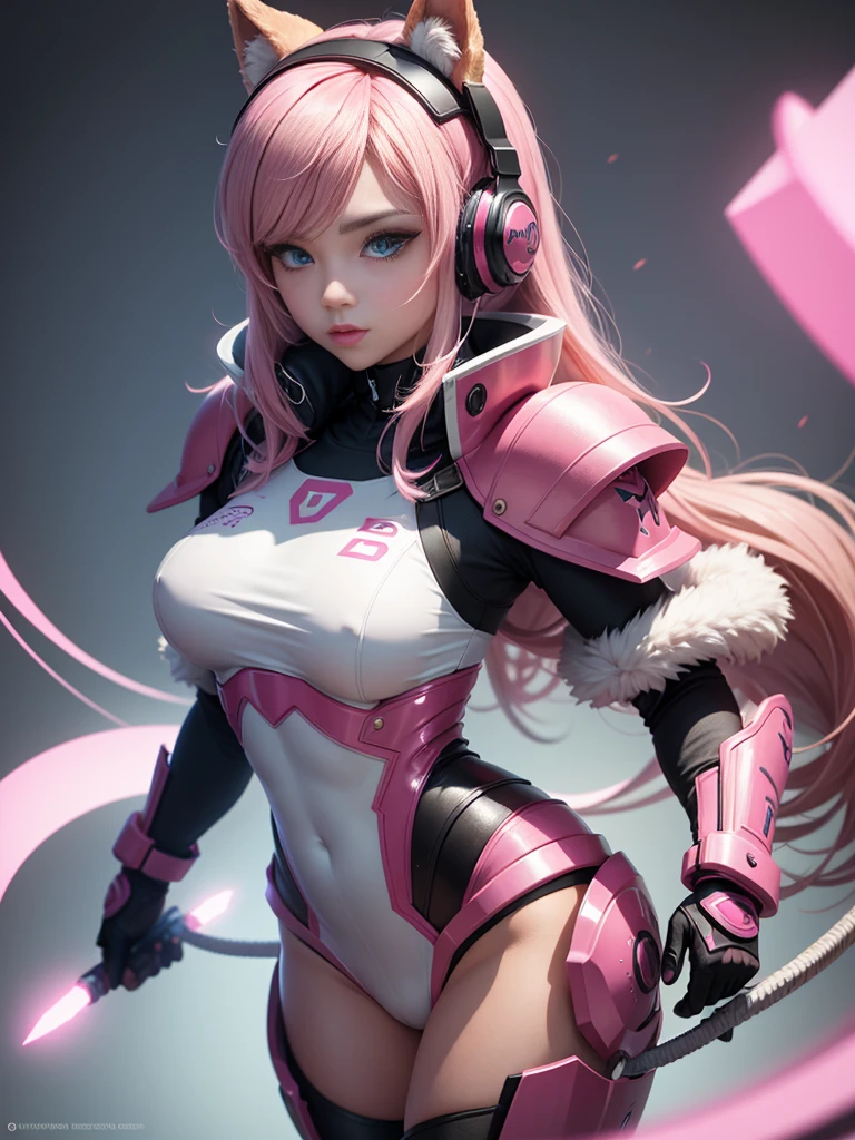 girl, with futuristic pink armor, pink headphones, long pink fur, blue eyes.