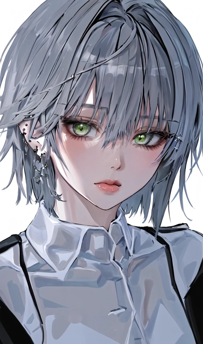 1girl, portrait, earrings, solo,lips, female focus, green eyes, looking at viewer, grey hair, short hair, closed mouth