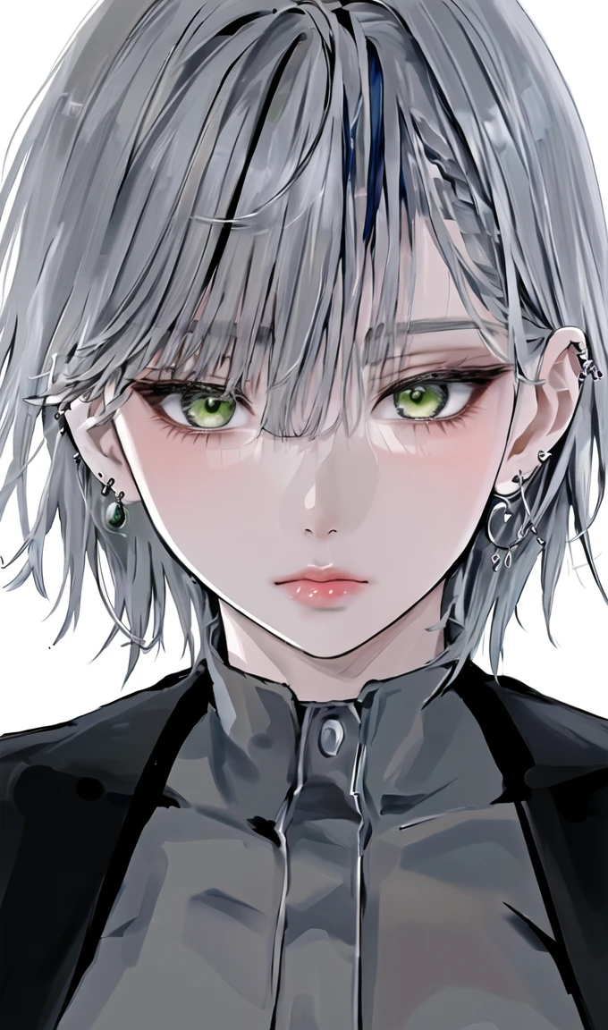 1girl, portrait, earrings, solo,lips, female focus, green eyes, looking at viewer, grey hair, short hair, closed mouth