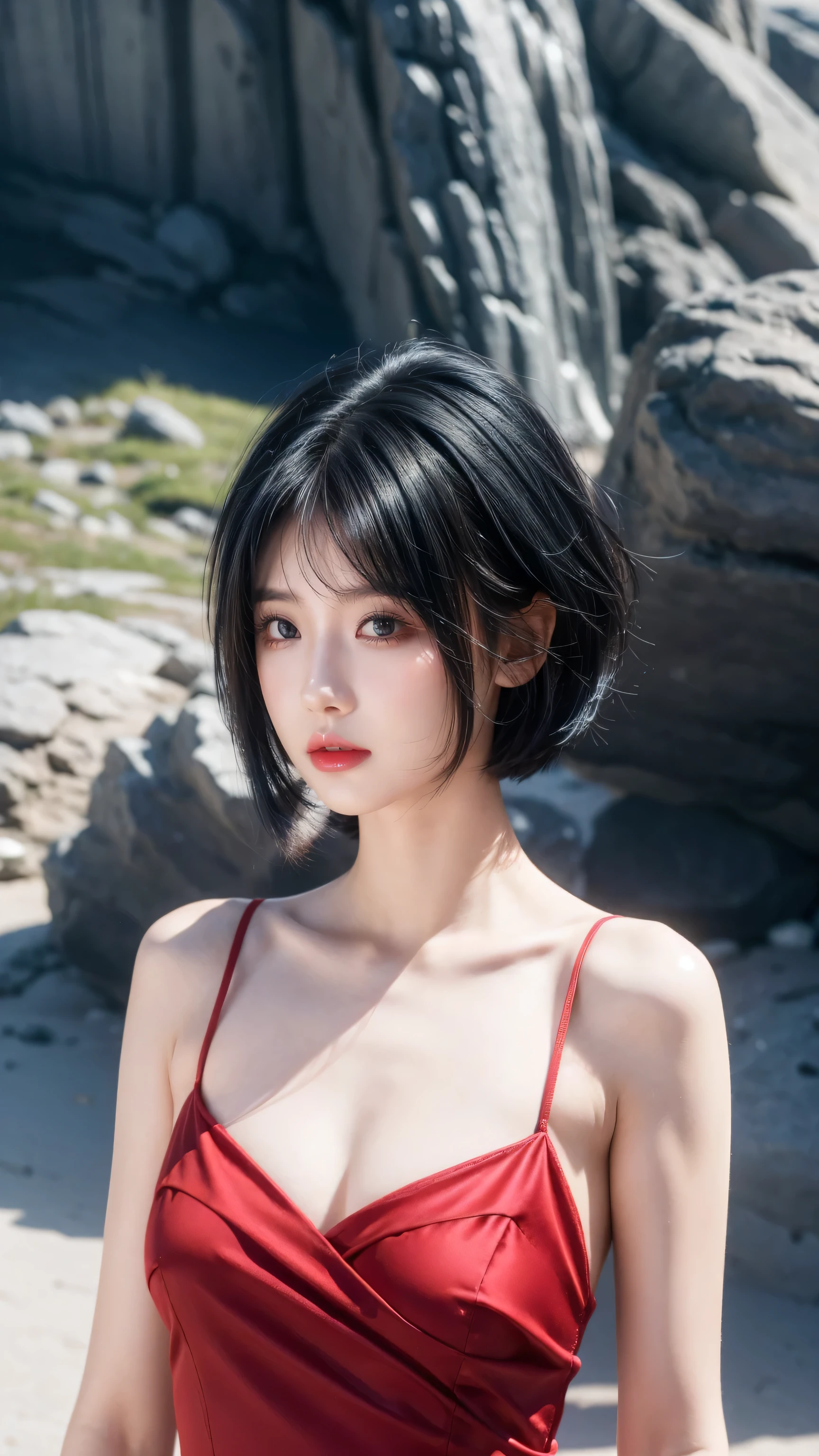 best quality, 1 Girl, dark blue hair, black eyes, Very short hair, Spiky hair, wears sweet red red dress body slim luxury,A cropped dress, 171 cm, Messy hair, Hair between the eyes, Tomboy, aldult, 20 years old, A sweet girl by the mountain