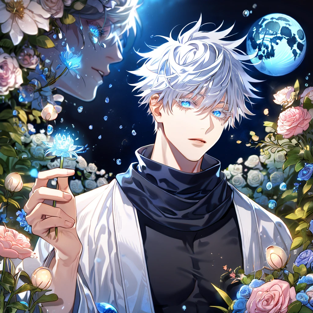 absurdres, highres, ultra detailed, HDR, master piece, Gojou Satoru, white hair, expressive blue eyes, white eyelashes, black scarf, black tight shirt, white haori, Jujutsu Kaisen, sexy man, handsome, best quality, blue moon, flowers, fantasy, magical, solo, water, blue shining fireflies, blue petals,