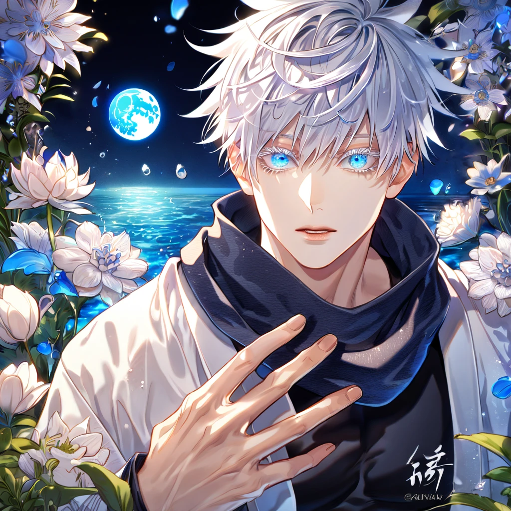 absurdres, highres, ultra detailed, HDR, master piece, Gojou Satoru, white hair, expressive blue eyes, white eyelashes, black scarf, black tight shirt, white haori, Jujutsu Kaisen, sexy man, handsome, best quality, blue moon, flowers, fantasy, magical, solo, water, blue shining fireflies, blue petals,