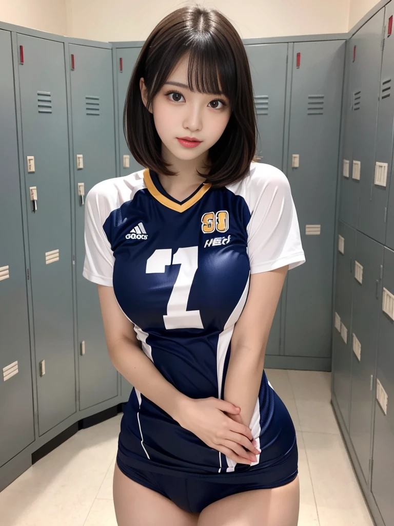 masterpiece, best quality, illustration, Super detailed, fine details, High resolution, 8K,wall paper, perfect dynamic composition,(Details High quality, realistic depiction of eyes:1.3), (short hair volleyball player, Volleyball Uniforms), Tight clothes, locker room, plump breasts, black hair color, Big Natural Color Lip, bold sexy pose, (perfect body shape), Do gal makeup, sexy face, Harajuku style、20 year old girl、cute type、lolita、beautiful legs, hposing Gravure Idol, 16k, japanese idol, reealistic