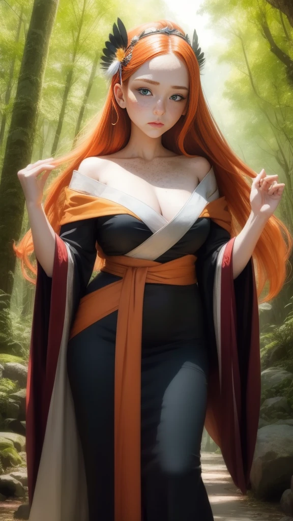 Young (princess), striking figure, long flowing ginger hair, wavy hairs, fair skin, freckles, kolito, innocent and (regal appearance), expressive green eyes are filled with a mix of curiosity and determination, her slender frame, elegant grace, vibrant orange kimono with white and black decorations, ((very long sleeves)), cleavage, feather headdress, in a forest