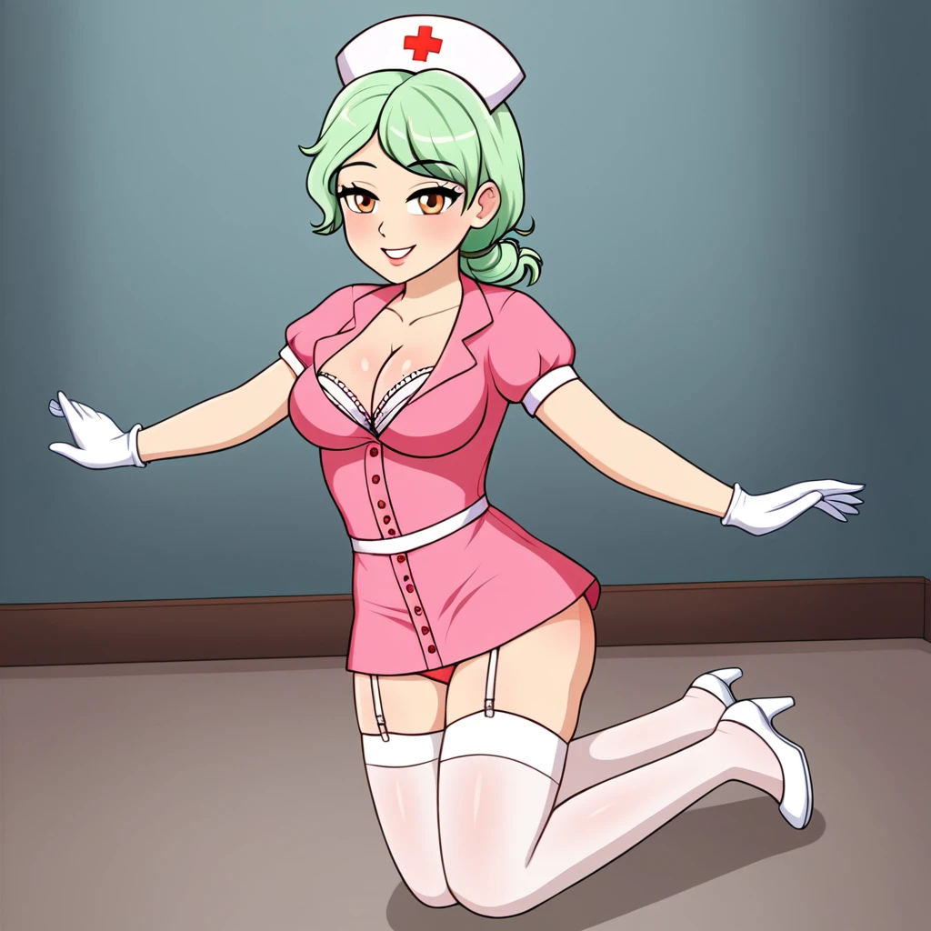 In a dimly lit hospital room, a sultry young female nurse stands out against the somber backdrop. Dressed in lacy lingerie, thigh-high stockings, and a nurse's cap, she exudes seductive mystery. Soft, warm glow illuminates her low-cut pink top showcasing ample cleavage, while white gloves add sophistication. Her gaze invites the viewer to step into her world. Ornate medical equipment and eerie shadows hint at gothic horror elements in the background. The nurse's cap and white gloves nod to darker undertones, balancing provocative themes with elegance.