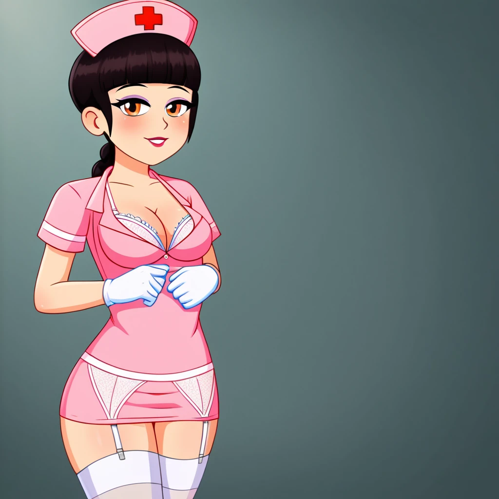 In a dimly lit hospital room, a sultry young female nurse stands out against the somber backdrop. Dressed in lacy lingerie, thigh-high stockings, and a nurse's cap, she exudes seductive mystery. Soft, warm glow illuminates her low-cut pink top showcasing ample cleavage, while white gloves add sophistication. Her gaze invites the viewer to step into her world. Ornate medical equipment and eerie shadows hint at gothic horror elements in the background. The nurse's cap and white gloves nod to darker undertones, balancing provocative themes with elegance.