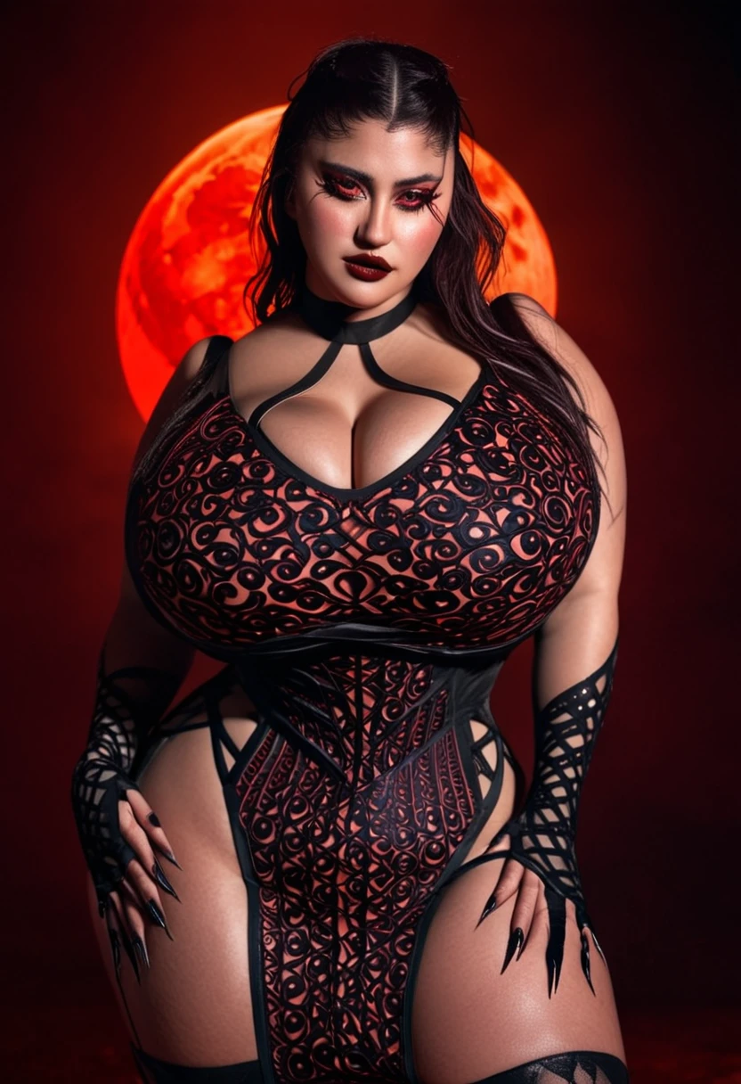 magazine phtotography, thicc girl, seductive enchantress, cut out dress, huge breasts, cleavage, slim waist, thick thighs, large hips, blood moon, red glow, gothic aesthetic, masterpiece, 8k, highly detailed, intricate, vogue style