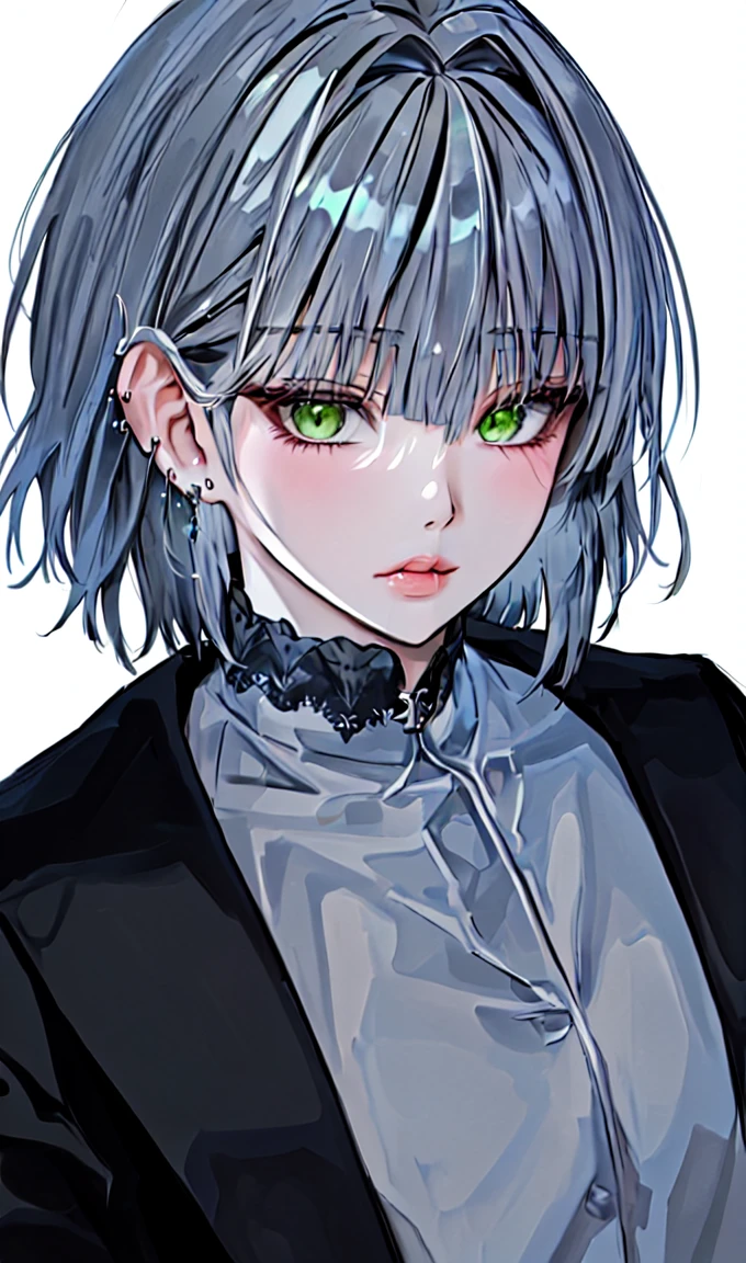 1girl, portrait, earrings, solo,lips, female focus, green eyes, looking at viewer, grey hair, short hair, closed mouth
