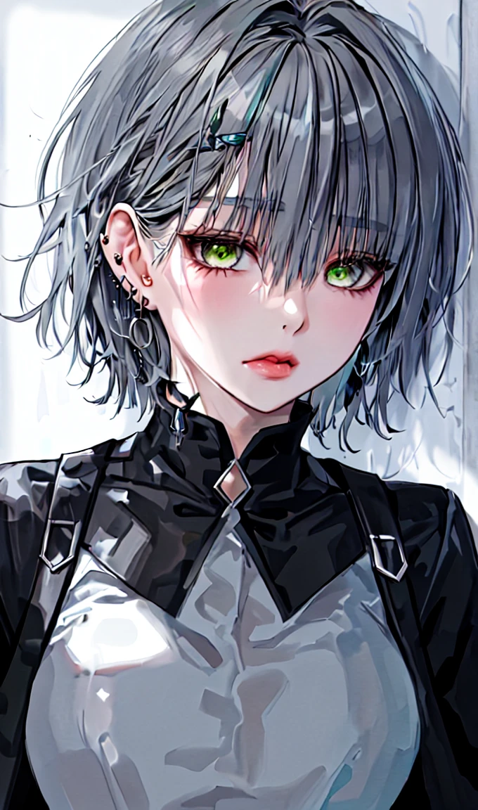 1girl, portrait, earrings, solo,lips, female focus, green eyes, looking at viewer, grey hair, short hair, closed mouth