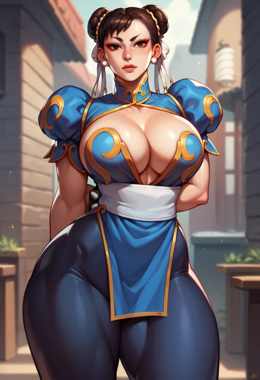 score_9, score_8_up, score_7_up, score_6_up, score_5_up, score_4_up, solo, Chun-Li from street fighter, ((thicc mature mom)), black hair, brown eyes, ahegao eyes, big thick full lips, ((pouted lips)), ((open mouth)), ((full body)), ((NSFW)), sexy, seductive, alluring, cute, aroused, ((pleasured eyebrows)), (((gigantic breasts))), sagging breasts, big nipples, nipples lactate milk, wide hips, thick thighs, huge ass, breasts focus, (((two Pov hands groping breasts firmly))), (((from pov))), looking at viewer, ((upper body)), hands behind back, lactating nipples, hearts