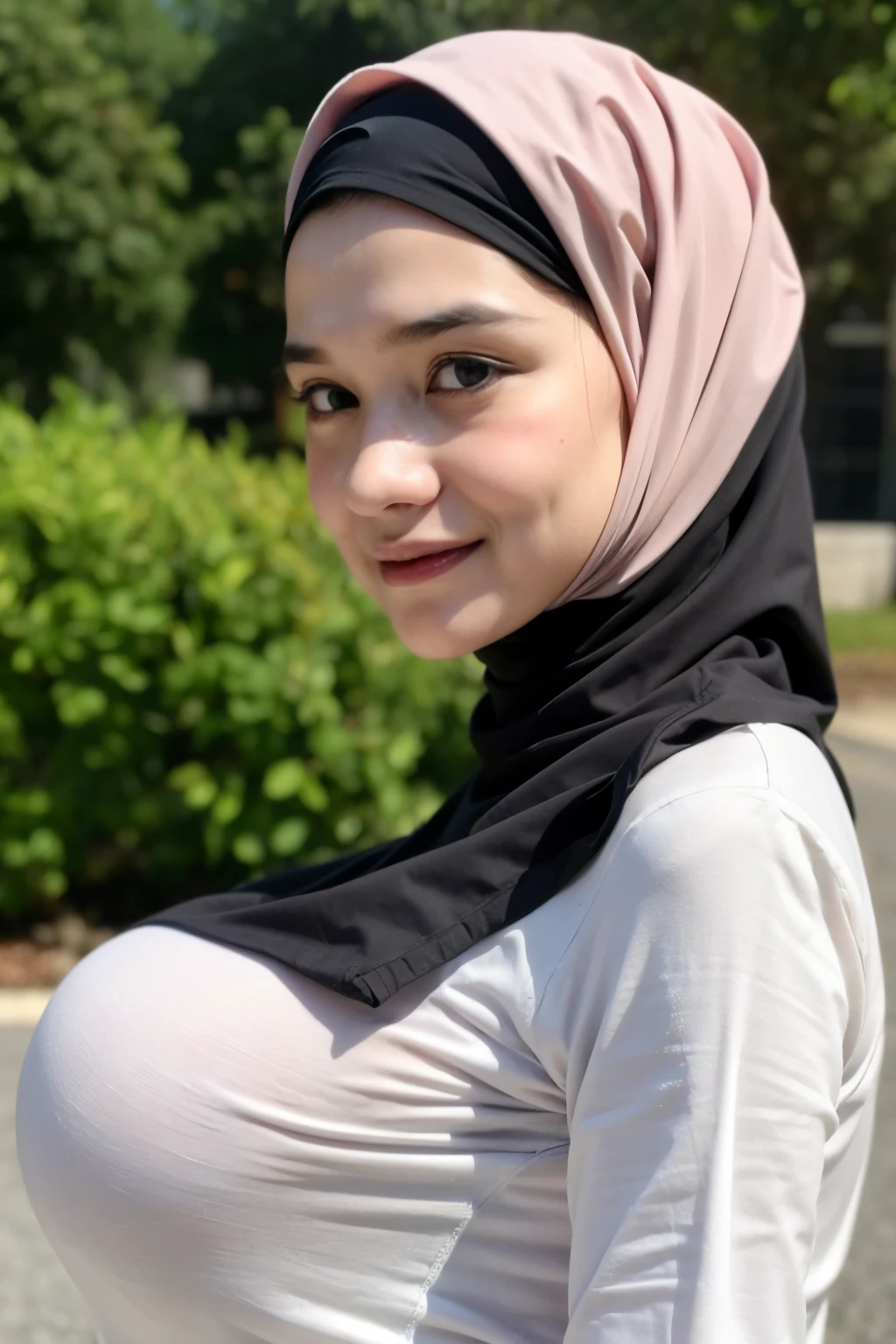 (Oldlady:1.8), Chubby adorable, 1 girl, (face to face), 10 years old, baby face, happy, half body portrait, (face details: 1), (eye details: 1), ((big breasts)). wearing transparent transparency soft soft long shirt, hijab, .. Cute posed. proportional body. Ultra High Res. realistic: 1.4, UHD, (floral pattern), view from side seductive pose 