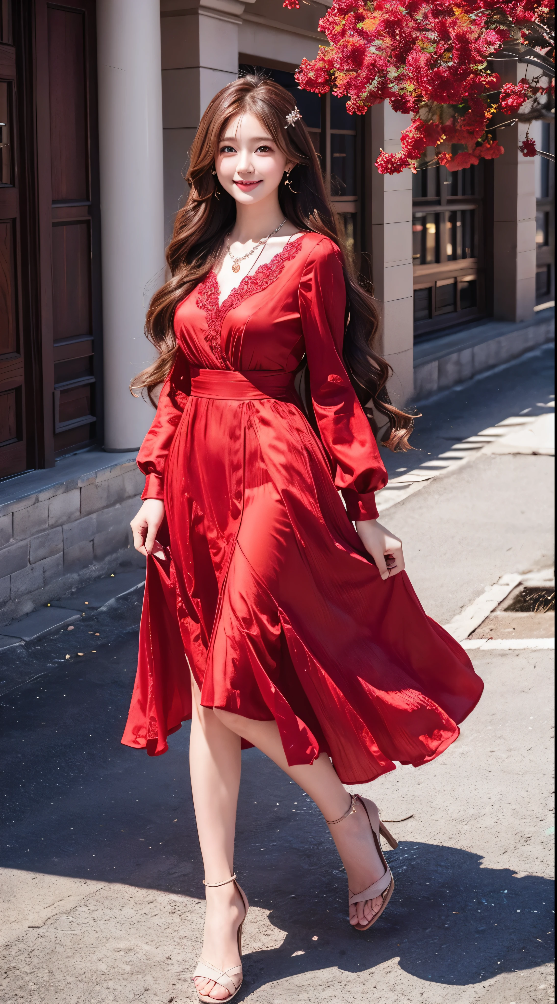 Delicate images、The most beautiful woman in the world、Long Chestnut Hair、Wavy hairstyle、smile、necklace、temperament、Red dress、Full body high-definition engraving、Facial details