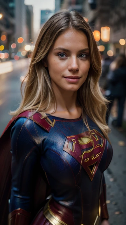 Beautiful beautiful blonde woman Supermodel ((Dressed as a supergirl)),(She is smiling: 1.1),perfect face, split lips, Masterpiece: 1.3),(Best quality, 8k, Masterpiece: 1.3), perfect hands, clear focus: 1.2, perfect body beauty: 1.4, thin abdomen: 1.2, highly detailed face and skin texture, detailed eyes, standing, dynamic pose,she is in an urban city, heroic pose, highly detailed, 28 years old, Face innocent, natural blonde straight hair, blue eyes, high resolution, Artwork, best quality, high and intricate details, highly detailed, sharp focus, detailed skin, realistic skin texture, texture, detailed eyes, Professional, 4K, charming smile , shot on canon, 85mm, shallow depth of field, kodak vision color, perfect fit to the body, extremely detailed , photography_\(ultra\), photorealistic, realistic, Post-processing, maximum detail, roughness, Real life, ultra realistic, photorealism, photography, 8k hd, photography,Supergirl
