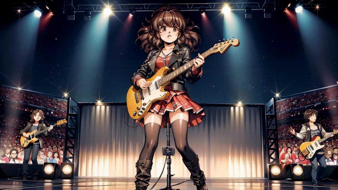 A young girl playing a guitar. She has medium-length, wavy hair and is dressed in a rock-style outfit with a leather jacket. The scene is set on a small stage with colorful lights and a microphone stand. The girl is energetic and passionate, standing as she plays her electric guitar. The atmosphere is dynamic and exciting.