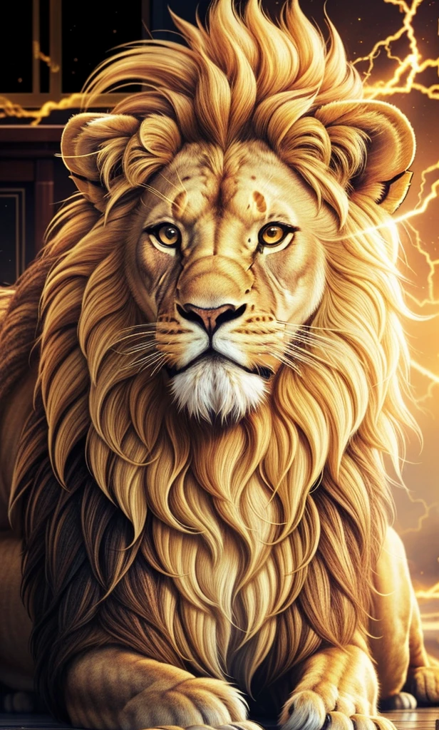 Lion, Lion Dourado, gold color, Divine gold, Golden Light, mighty, majestic, Sovereign Power, linen, mascle, Lion mascle, celestial light, Golden Fire, Energia heavenly, Lion Fotorrealista 4K, 4K Photorealism, Divine Lion, majestic, appealing, fire, villany, thunder, Sky thunder, stele, photorrealistic 6K, Detailed UltraHD, detailed colors 8K, ELEGANT LION, floor, stele, lightning strikes, heavens, céu GODlike, tempest, Towards the heavens, Detailed Realistic lion, Photorealistic lion, Lion dourado, 16k Ultra HD, heavenly, GODlike, photorrealistic, Rendering, 4K, 8K, detailed textures, detailed shadows, padoru, detailed colors, GOD'and the sky, UltraHD 16K Details, 16k texturas photorrealistics, detailed sharpness 16K, detailed sharpness, detailed colors, realistic shadows, ultra realistic textures, high power, natural beautiful, natural colors, realistic contrast, Texturas photorrealistics, detailed colors, lifelike colors, detailed shadows, luminous face, villany, Detailed face 4k, ultra detaild, realistic contrast de 8K, detailed sharpness, cores Ultra HD, posh,