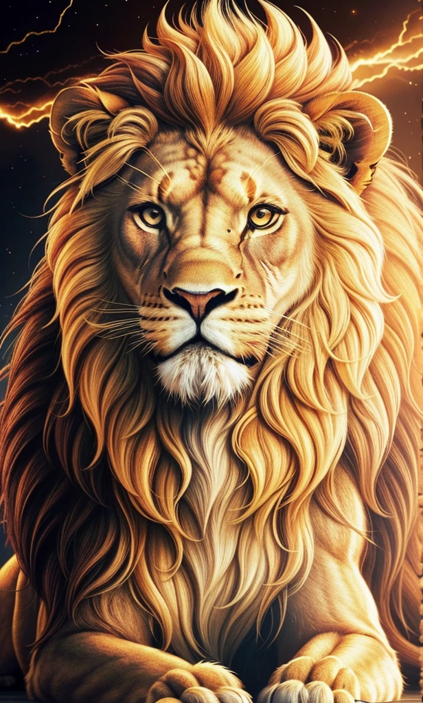 Lion, Lion Dourado, gold color, Divine gold, Golden Light, mighty, majestic, Sovereign Power, linen, mascle, Lion mascle, celestial light, Golden Fire, Energia heavenly, Lion Fotorrealista 4K, 4K Photorealism, Divine Lion, majestic, appealing, fire, villany, thunder, Sky thunder, stele, photorrealistic 6K, Detailed UltraHD, detailed colors 8K, ELEGANT LION, floor, stele, lightning strikes, heavens, céu GODlike, tempest, Towards the heavens, Detailed Realistic lion, Photorealistic lion, Lion dourado, 16k Ultra HD, heavenly, GODlike, photorrealistic, Rendering, 4K, 8K, detailed textures, detailed shadows, padoru, detailed colors, GOD'and the sky, UltraHD 16K Details, 16k texturas photorrealistics, detailed sharpness 16K, detailed sharpness, detailed colors, realistic shadows, ultra realistic textures, high power, natural beautiful, natural colors, realistic contrast, Texturas photorrealistics, detailed colors, lifelike colors, detailed shadows, luminous face, villany, Detailed face 4k, ultra detaild, realistic contrast de 8K, detailed sharpness, cores Ultra HD, posh,