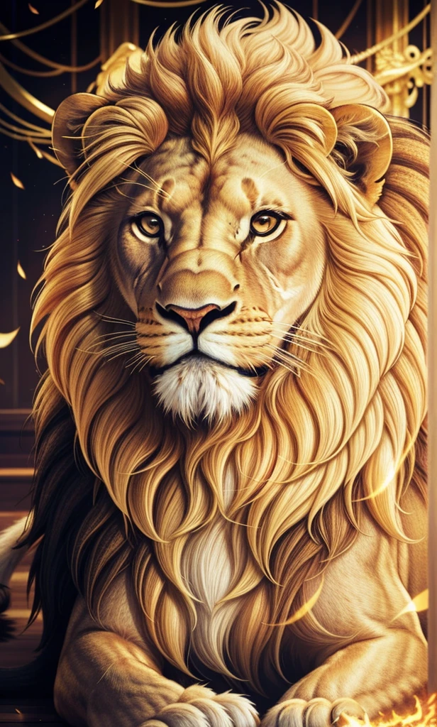 Lion, Lion Dourado, gold color, Divine gold, Golden Light, mighty, majestic, Sovereign Power, linen, mascle, Lion mascle, celestial light, Golden Fire, Energia heavenly, Lion Fotorrealista 4K, 4K Photorealism, Divine Lion, majestic, appealing, fire, villany, thunder, Sky thunder, stele, photorrealistic 6K, Detailed UltraHD, detailed colors 8K, ELEGANT LION, floor, stele, lightning strikes, heavens, céu GODlike, tempest, Towards the heavens, Detailed Realistic lion, Photorealistic lion, Lion dourado, 16k Ultra HD, heavenly, GODlike, photorrealistic, Rendering, 4K, 8K, detailed textures, detailed shadows, padoru, detailed colors, GOD'and the sky, UltraHD 16K Details, 16k texturas photorrealistics, detailed sharpness 16K, detailed sharpness, detailed colors, realistic shadows, ultra realistic textures, high power, natural beautiful, natural colors, realistic contrast, Texturas photorrealistics, detailed colors, lifelike colors, detailed shadows, luminous face, villany, Detailed face 4k, ultra detaild, realistic contrast de 8K, detailed sharpness, cores Ultra HD, posh,
