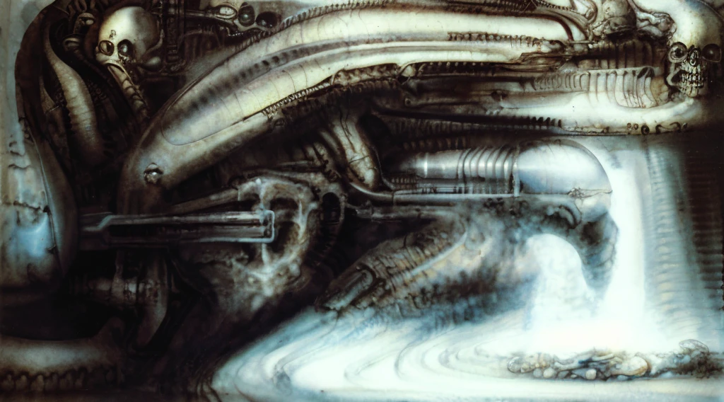 The image is a detailed view of H.R. Giger's biomechanical tableau \" Landscape XVI \" plate, featuring.
(airbrush painting, Giger's alien in front of broken alien ship in landscape, natural light, sharp focus, illustration, highly detailed, digital painting, concept art, matte, art by gric and kozhanov and moebius and Alphonse Mucha, masterpiece, HDR ,UHD , uplight, in HRGigerArhP style);1.
surrealistic painting of a monster with multiple tentacles and a body that looks like a brain, surrounded by a chaotic scene of swirling clouds and other monsters
 It's a complex network of bones and organs in eldritch color scheme:a greenish-brown hue ,swirling gery and brown colors. The artwork is silverish and green brown, with an ivory bones prominently displayed. The image is highly detailed and intricate, almost like a 3d version of a medical sketchwork.   
The piece is a tableau, most likely created with a India ink pen or pencil on paper, determined by the thin lines, shading techniques, and the texture of the paper, which is visible around the edges.
Used is pen, given the shading and variations in line weight visible in the image. Artist have used a variety of stylus with different degrees of hardness to achieve the shading effects.
 The use of undersaturated green-grays dark contrasts creates a stark and graphic look. Is used a variety of linework techniques to create different textures. Fine, parallel lines create a smooth, metallic texture,while thicker, more cursive lines suggest cables or wires.
Light source from the top highlights skeletals, pper part of foreground, lower part of image is in shadowupper part of foreground, lower part of image is in shadow.
The art performance showcases the artist’s skills in observation and rendering. The level of detail in the piece suggests a close study of real bone specimens and mechanics. The artist has skillfully used shading techniques to create a convincing illusion of three-dimensionality on a flat surface. The wrinkles 