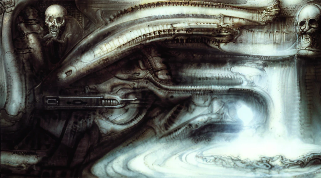 The image is a detailed view of H.R. Giger's biomechanical tableau \" Landscape XVI \" plate, featuring.
(airbrush painting, Giger's alien in front of broken alien ship in landscape, natural light, sharp focus, illustration, highly detailed, digital painting, concept art, matte, art by gric and kozhanov and moebius and Alphonse Mucha, masterpiece, HDR ,UHD , uplight, in HRGigerArhP style);1.
surrealistic painting of a monster with multiple tentacles and a body that looks like a brain, surrounded by a chaotic scene of swirling clouds and other monsters
 It's a complex network of bones and organs in eldritch color scheme:a greenish-brown hue ,swirling gery and brown colors. The artwork is silverish and green brown, with an ivory bones prominently displayed. The image is highly detailed and intricate, almost like a 3d version of a medical sketchwork.   
The piece is a tableau, most likely created with a India ink pen or pencil on paper, determined by the thin lines, shading techniques, and the texture of the paper, which is visible around the edges.
Used is pen, given the shading and variations in line weight visible in the image. Artist have used a variety of stylus with different degrees of hardness to achieve the shading effects.
 The use of undersaturated green-grays dark contrasts creates a stark and graphic look. Is used a variety of linework techniques to create different textures. Fine, parallel lines create a smooth, metallic texture,while thicker, more cursive lines suggest cables or wires.
Light source from the top highlights skeletals, pper part of foreground, lower part of image is in shadowupper part of foreground, lower part of image is in shadow.
The art performance showcases the artist’s skills in observation and rendering. The level of detail in the piece suggests a close study of real bone specimens and mechanics. The artist has skillfully used shading techniques to create a convincing illusion of three-dimensionality on a flat surface. The wrinkles 