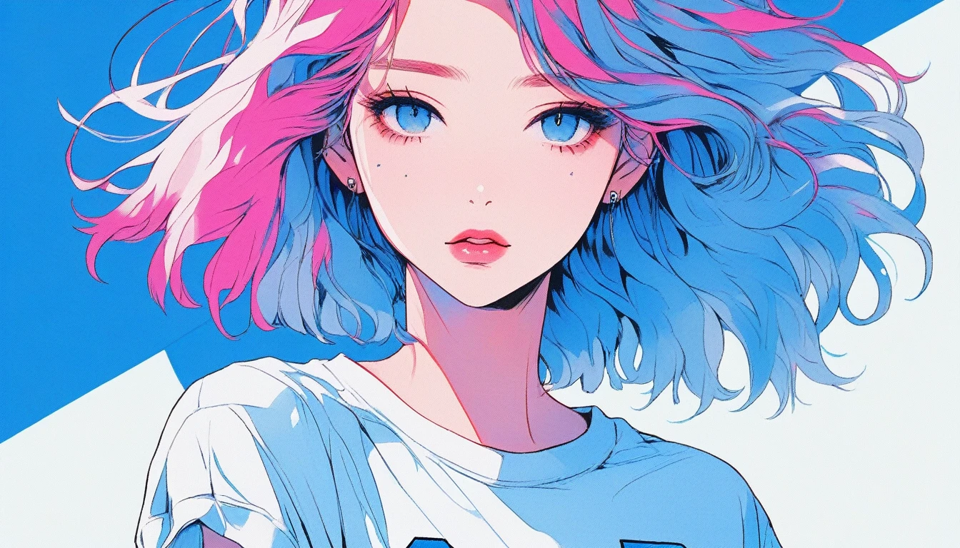 Illustrator, anime , Realistic ,sketch , 1 Girl, ,lip, T-shirt,order,Textured Trim, (masterpiece,Highest quality) Blue background, Neon Hair,Textured Trim, Canadian, (masterpiece,Highest quality) Cancer,summer,sunlight,Vision,