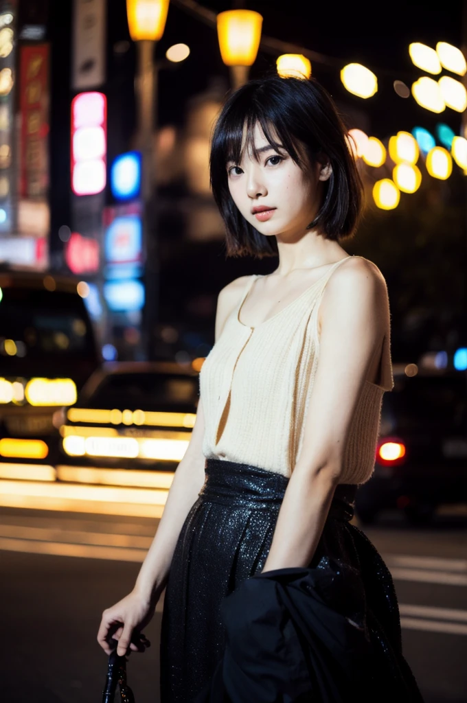 (Cinematic aesthetics:1.4) Bokeh city night photo of a beautiful Japanese fashion model