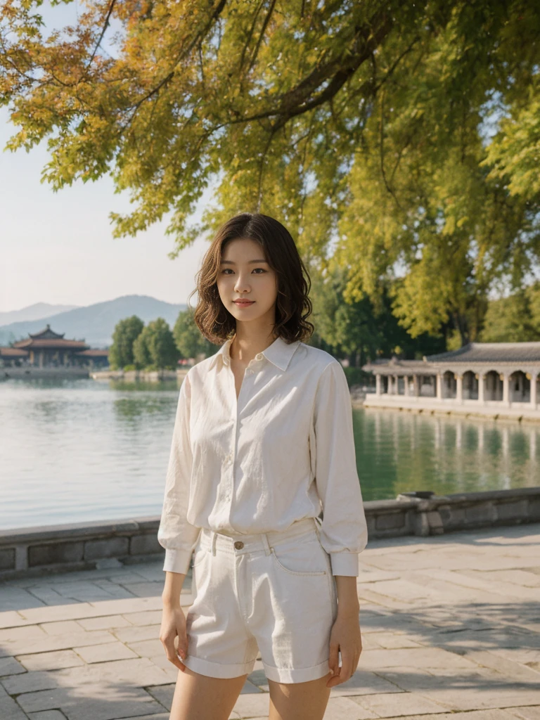 her name is Asako, high quality, 1girl, ((20-year-old fit Caucasian woman)), ((20 years old)), ((slim)), ((Wavy Bob)), pose: standing, wearing stylish fashionable Generation-Z modern wear different colored, BACKGROUND:At the Summer Palace, with tranquil lakes, ornate pavilions, and the majestic Longevity Hill