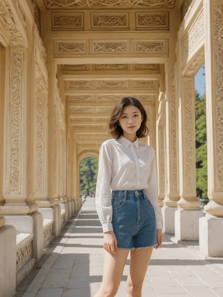 her name is Asako, high quality, 1girl, ((20-year-old fit Caucasian woman)), ((20 years old)), ((slim)), ((Wavy Bob)), pose: standing, wearing stylish fashionable Generation-Z modern wear different colored, BACKGROUND:At the Summer Palace, with tranquil lakes, ornate pavilions, and the majestic Longevity Hill