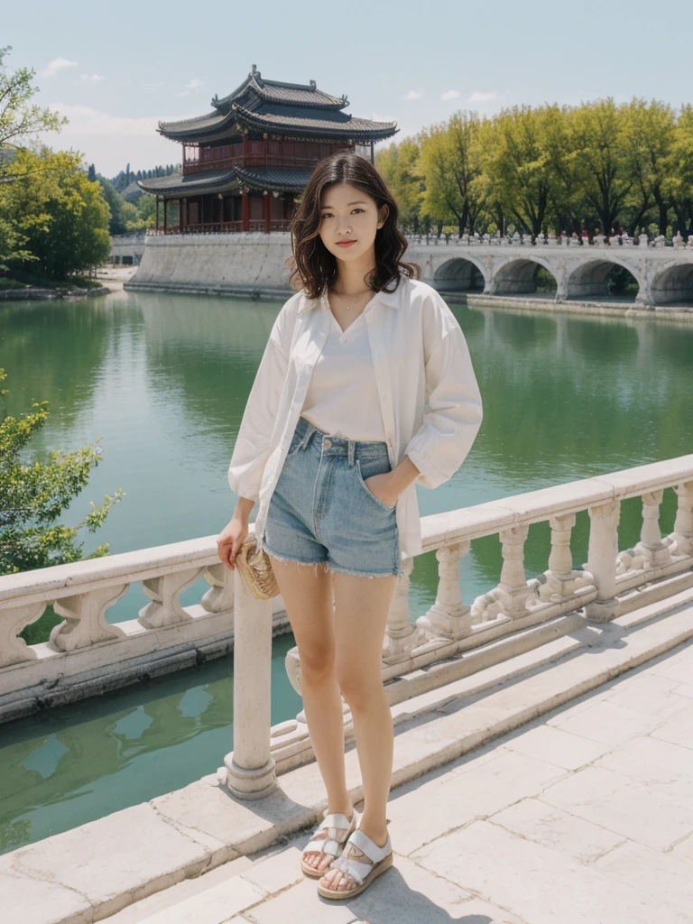 her name is Asako, high quality, 1girl, ((20-year-old fit Caucasian woman)), ((20 years old)), ((slim)), ((Wavy Bob)), pose: standing, wearing stylish fashionable Generation-Z modern wear different colored, BACKGROUND:At the Summer Palace, with tranquil lakes, ornate pavilions, and the majestic Longevity Hill