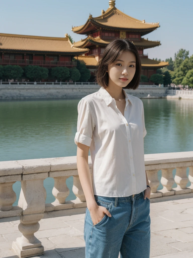 her name is Asako, high quality, 1girl, ((20-year-old fit Caucasian woman)), ((20 years old)), ((slim)), ((Wavy Bob)), pose: standing, wearing stylish fashionable Generation-Z modern wear different colored, BACKGROUND:At the Summer Palace, with tranquil lakes, ornate pavilions, and the majestic Longevity Hill