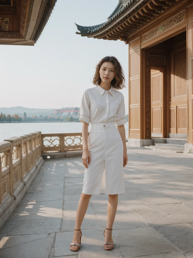 her name is Asako, high quality, 1girl, ((20-year-old fit Caucasian woman)), ((20 years old)), ((slim)), ((Wavy Bob)), pose: standing, wearing stylish fashionable Generation-Z modern wear different colored, BACKGROUND:At the Summer Palace, with tranquil lakes, ornate pavilions, and the majestic Longevity Hill