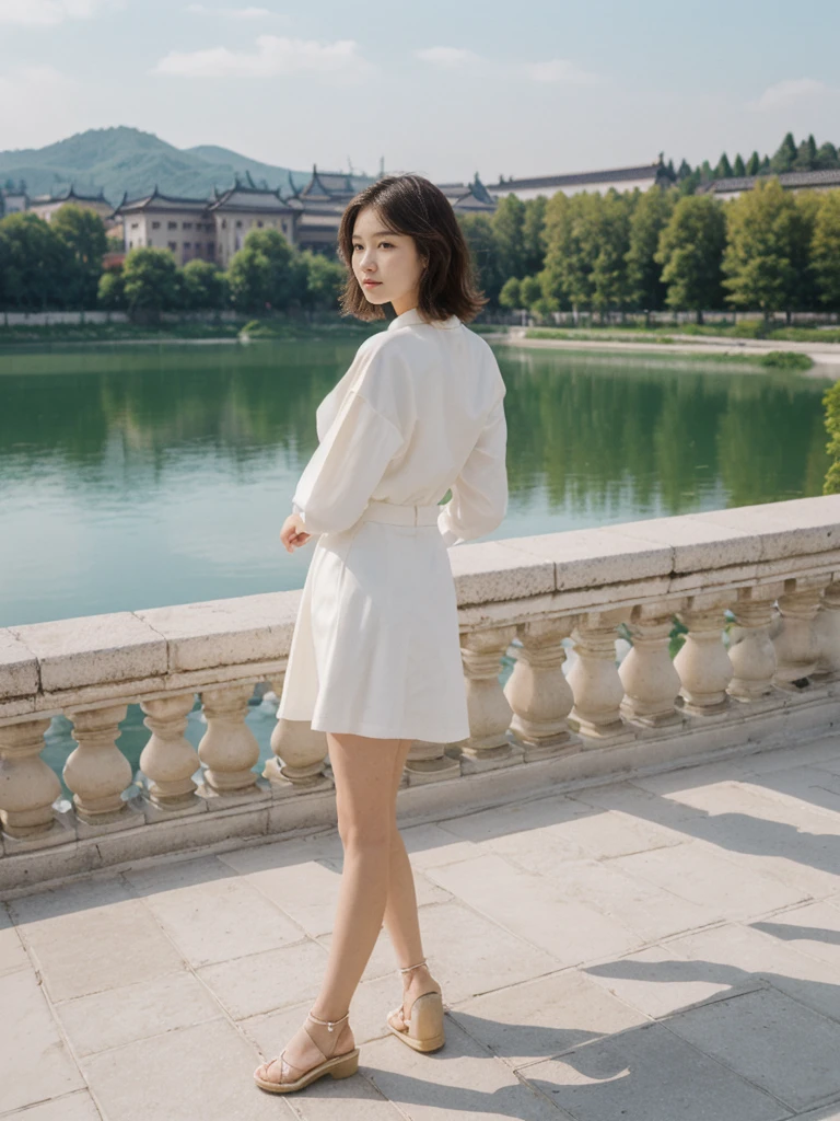 her name is Asako, high quality, 1girl, ((20-year-old fit Caucasian woman)), ((20 years old)), ((slim)), ((Wavy Bob)), pose: standing, wearing stylish fashionable Generation-Z modern wear different colored, BACKGROUND:At the Summer Palace, with tranquil lakes, ornate pavilions, and the majestic Longevity Hill