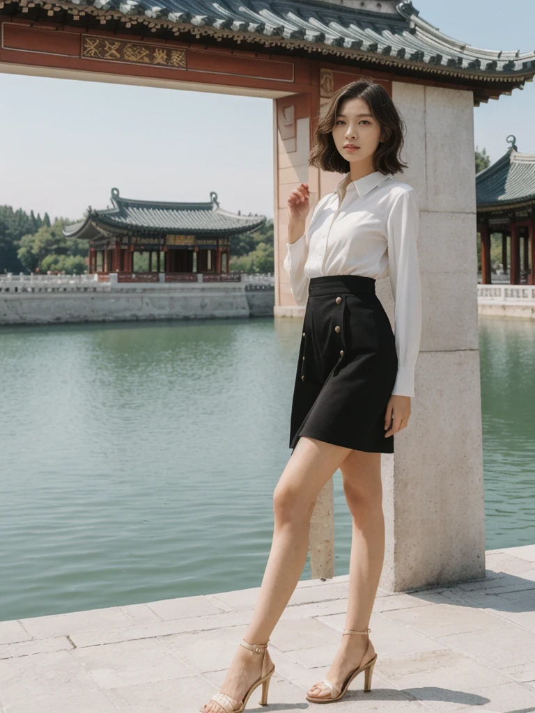 her name is Asako, high quality, 1girl, ((20-year-old fit Caucasian woman)), ((20 years old)), ((slim)), ((Wavy Bob)), pose: standing, wearing stylish fashionable Generation-Z modern wear different colored, BACKGROUND:At the Summer Palace, with tranquil lakes, ornate pavilions, and the majestic Longevity Hill