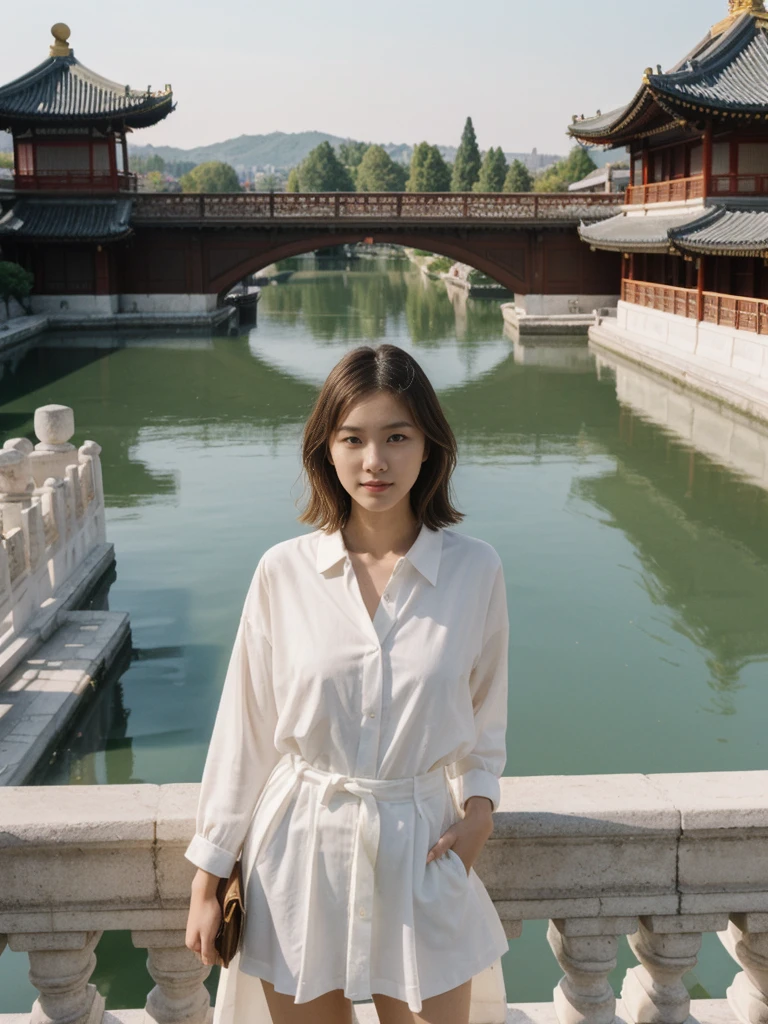 her name is Asako, high quality, 1girl, ((20-year-old fit Caucasian woman)), ((20 years old)), ((slim)), ((Wavy Bob)), pose: standing, wearing stylish fashionable Generation-Z modern wear different colored, BACKGROUND:At the Summer Palace, with tranquil lakes, ornate pavilions, and the majestic Longevity Hill