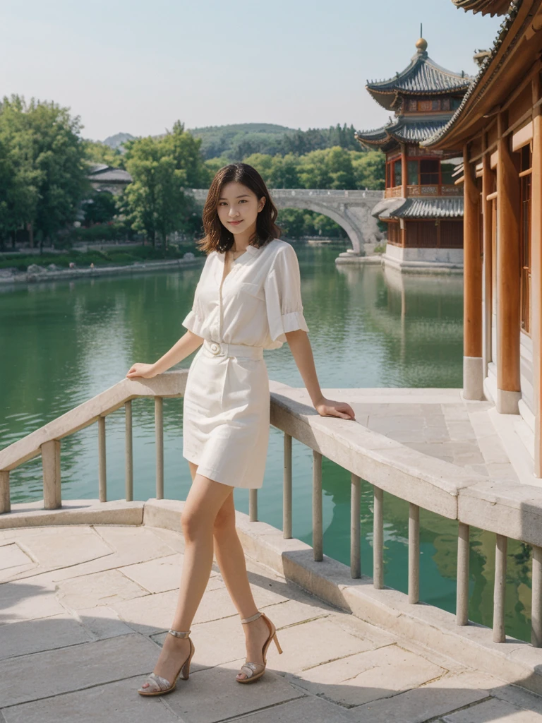 her name is Asako, high quality, 1girl, ((20-year-old fit Caucasian woman)), ((20 years old)), ((slim)), ((Wavy Bob)), pose: standing, wearing stylish fashionable Generation-Z modern wear different colored, BACKGROUND:At the Summer Palace, with tranquil lakes, ornate pavilions, and the majestic Longevity Hill