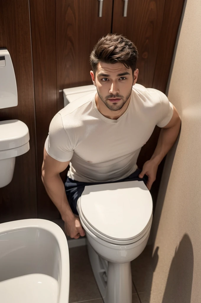 Handsome guy with big dick is using the toilet