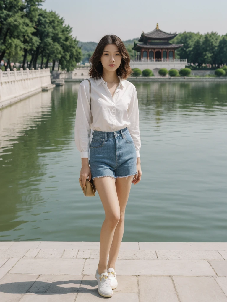 her name is Asako, high quality, 1girl, ((20-year-old fit Caucasian woman)), ((20 years old)), ((slim)), ((Wavy Bob)), pose: standing, wearing stylish fashionable Generation-Z modern wear different colored, BACKGROUND:At the Summer Palace, with tranquil lakes, ornate pavilions, and the majestic Longevity Hill