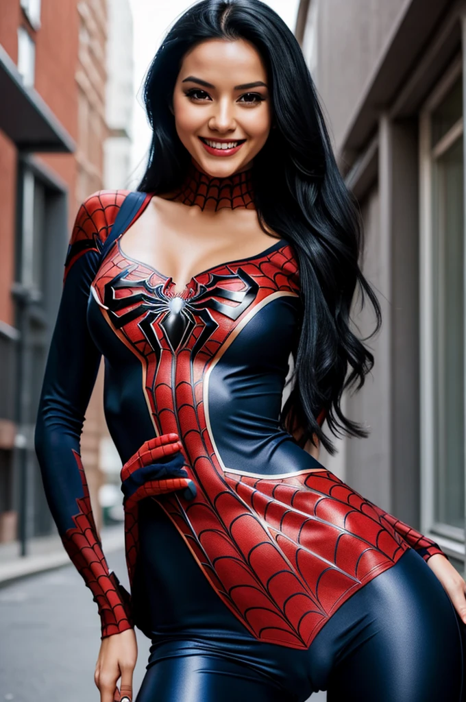 Beautiful woman with spiderman costume, long black hair,flirtatious smile, provocative look, perfect waist, he marks her vagina en el traj