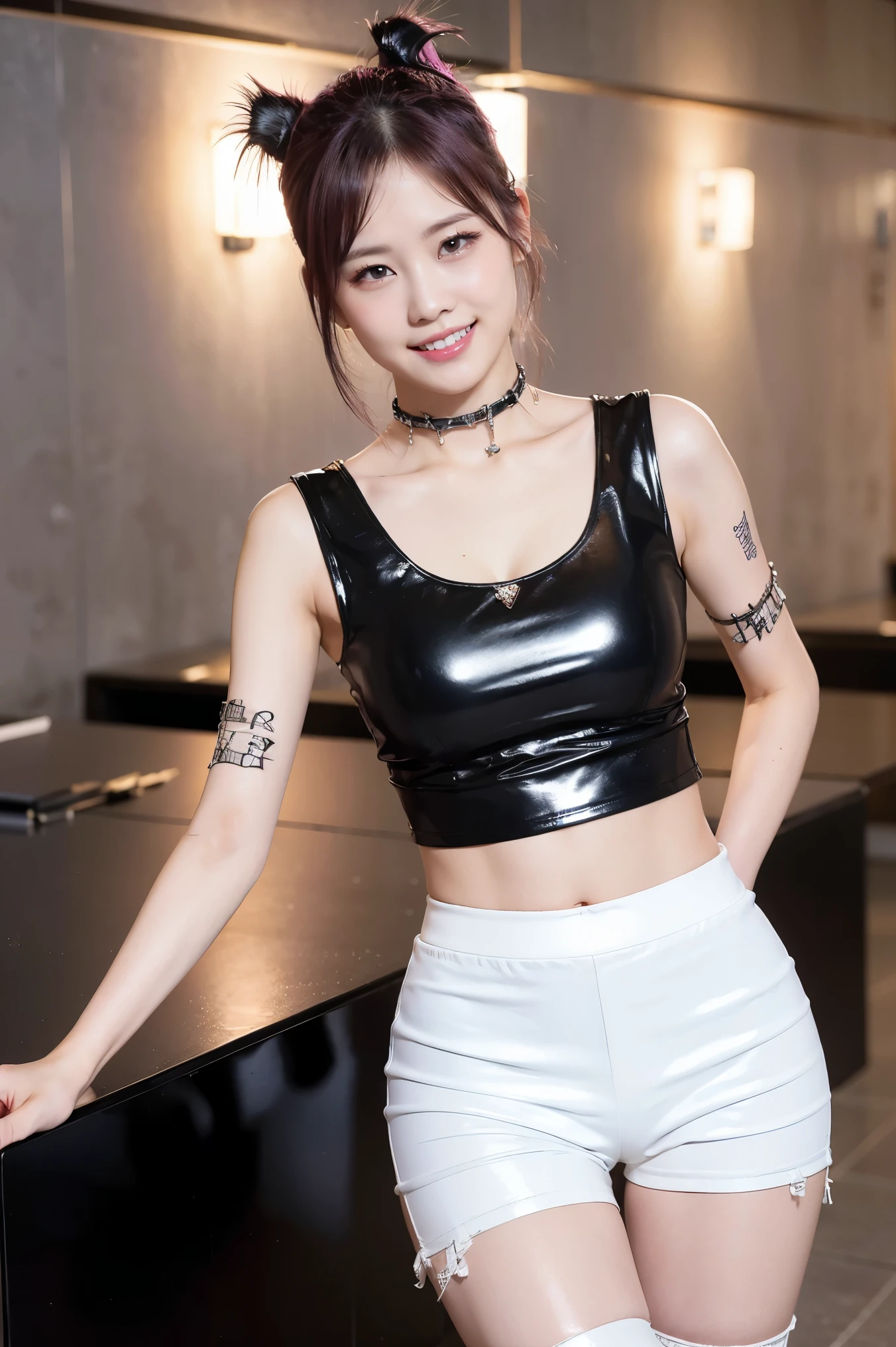 (8K), (highest quality: 1.2), (Realistic), (Realistic: 1.37), Ultra-high resolution, 1 girl, cute, (Embarrassed smile:1.2), (Blushing:1.4),Mouth closed, Beautiful details, Beautiful Nose, white gold long hair, giant dulcefo, Thighs,Navel exposed,White tank top,Black leather hot pants,Black long boots,Dancing,(Shiny Thighs:1.2),Beautiful white skin,(punk fashion:1.5)