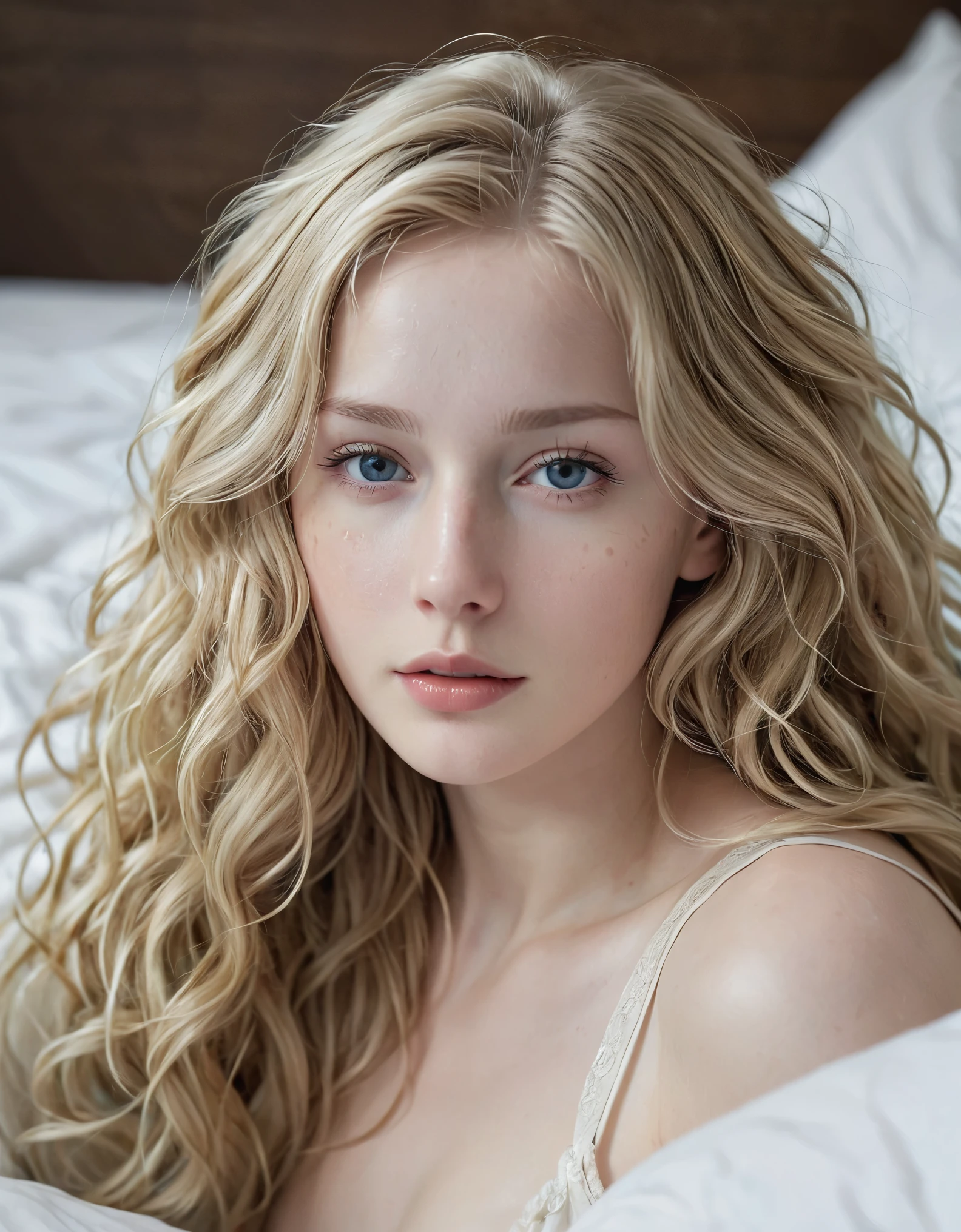 blonde girl, alone, (25 years old:1.3), beautiful woman, (Blonde extra long wavy hair:1.3), Detailed face:1.2), ((Detailed face features:1.3)), Delicate skin, pale skin, ((portrait:1.3)), wrapped in a paper, Bedroom environment, (Lying in bed:1.3), (Cool color scheme:1.2), wet, Reflective surface, (current:1.3), (High resolution:1.3), ((Realistic:1.4)), masterpiece, real details, 