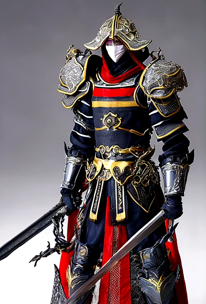 Sengoku period、full body armored、Humanoid Robot、(((detailed)))Sword-holding pose、strong、(((detailed)))Devil Mask、fully armoured、Equip yourself with powerful weapons、(((detailed)))Full Body Shot、Shrouded in fog、Chaotic Battlefield、Crow、