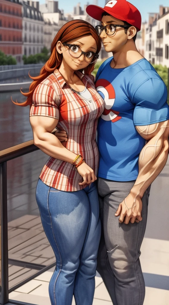 (masterpiece, best quality:1.2), A couple , boy Nino Lahiffe: Brown skin, dark hair, usually seen wearing a red cap, glasses, and casual clothing like a T-shirt and jeans, and a girl Alya Césaire: Brown skin, curly dark brown hair, often wears glasses, and typically seen in stylish, casual outfits. A casual day out with both characters in their everyday attire,Sharing a tender moment, like sitting on a rooftop overlooking Paris..(girl and boy:1), smiling, ((high resolution illustration)), ((extremely detailed)), (couple), Alya, Nino, Nino X Alya, (best quality,4k,8k,highres,masterpiece:1.2), ultra-detailed, realistic:1.37, HDR, studio lighting, extreme detail description, nino wearing a red cap, professional, vibrant colors, bokeh, ((muscular female bodybuilder)), detailed lips, strong embrace, romantic scene, intimate moment, intense passion, athletic bodies, fitness couple, gym background, muscular definition, sculpted muscles, sweat glistening,muscular