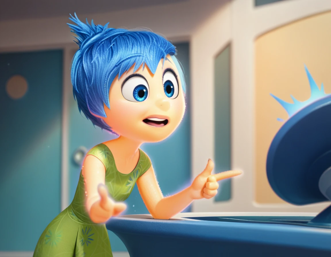 j_o_y, 1 girl, blue hair, green dress, glowing, confused face, looking rigth, pointing the finger, masterpiece, best qualit
