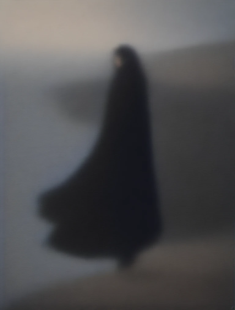 The beautiful young woman stood on the cliff overlooking the sea, dressed in a black cloak, with her long dark hair blowing in the wind.