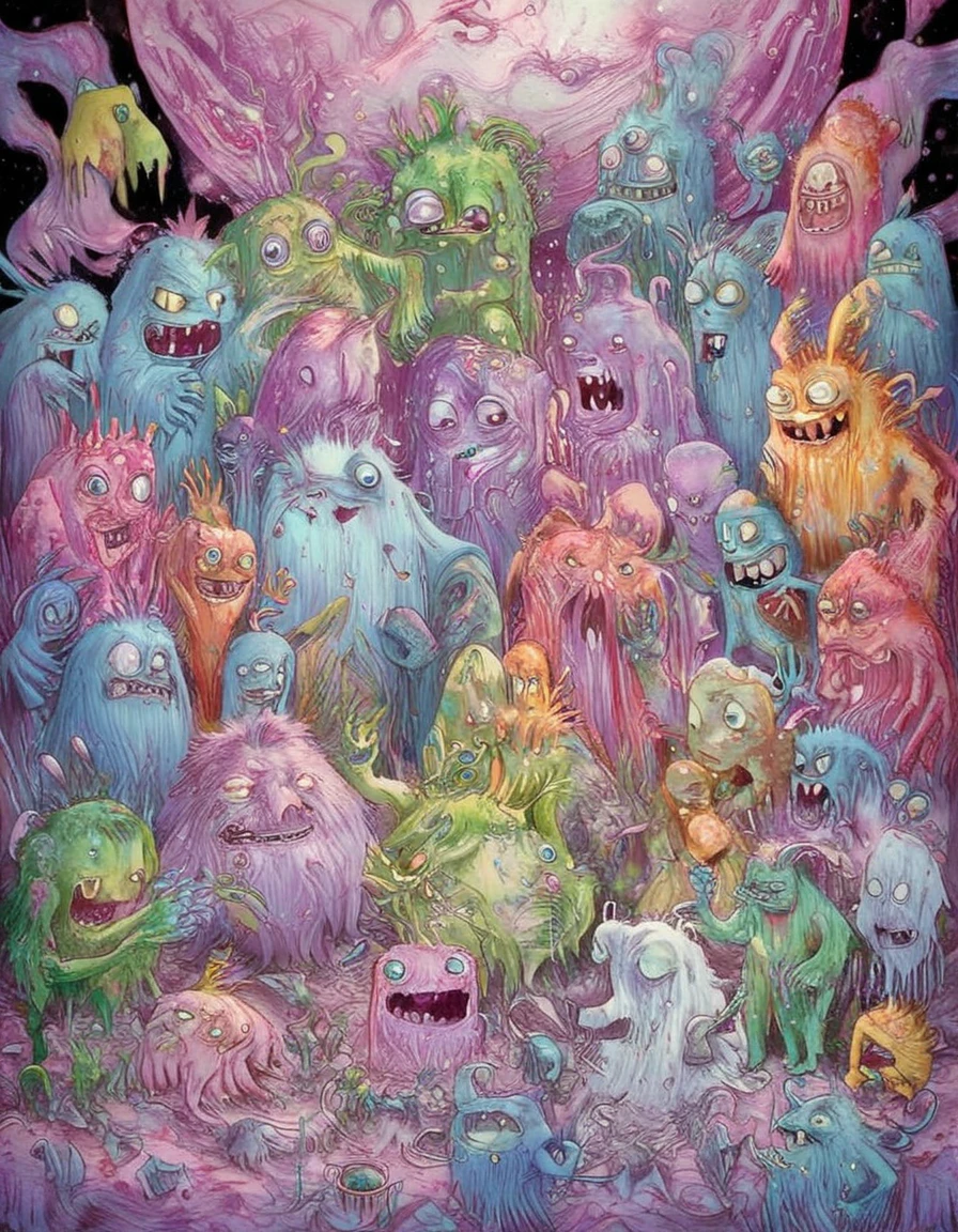 cute monsters,colorful,digital art,fantasy,magic,ultra detailed,professional illustration,chalk,poster artwork by Basil Gogos,clean DonMC3l3st14l3xpl0r3rsXL