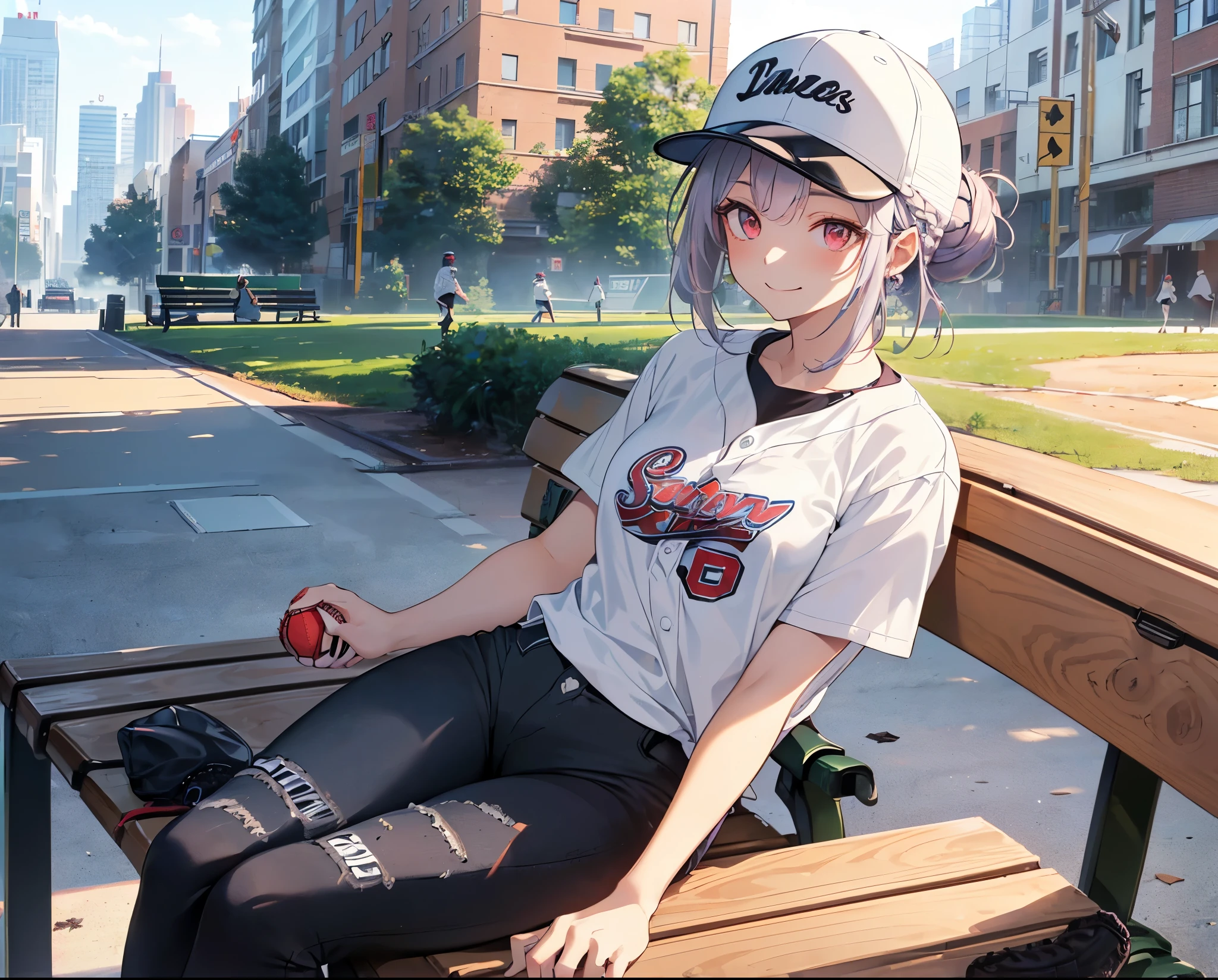 (Close-up:1.3),Realistic,Highest quality, Super detailed, High-quality CG rendering, The most delicate and beautiful, Floating softly, High resolution, (1 girl), (Highest quality,4K,8K,masterpiece:1.2 Light purple hair,(Hair in a bun:1.5),Red eyes,(Pure white oversized short sleeve T-shirt:1.3),(Black skinny jeans:1.3),(Pure white baseball cap:1.3),In the city,old buildings,(Sitting on a bench:1.4),smile